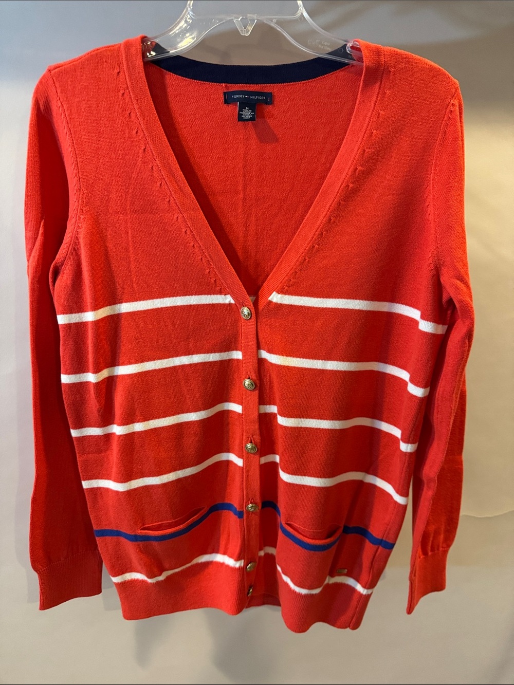 Tommy Hilfiger Red and White Striped V-Neck Button Cardigan with Navy Trim